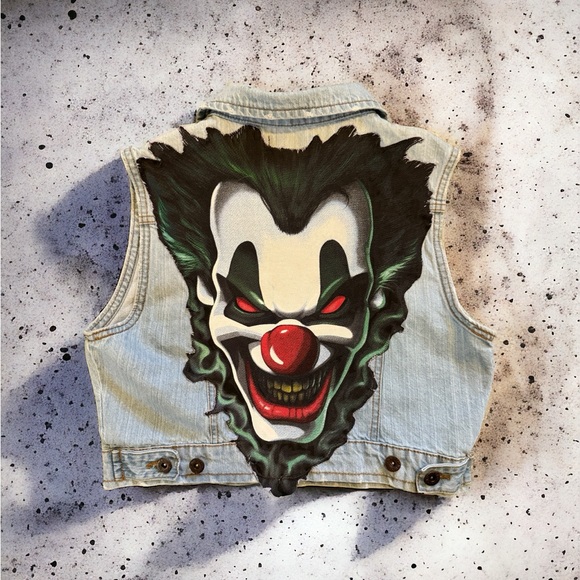 Joker Jean Vest Upcycled Comic Book Top Clown T-Shirt Halloween Goth Punk Rocker - Picture 1 of 8